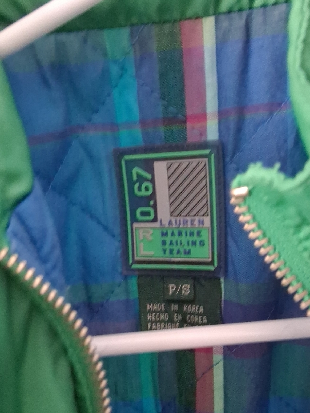 Ralph Lauren Green Quilted Jacket with Blue Plaid Lining - Picture 2 of 2